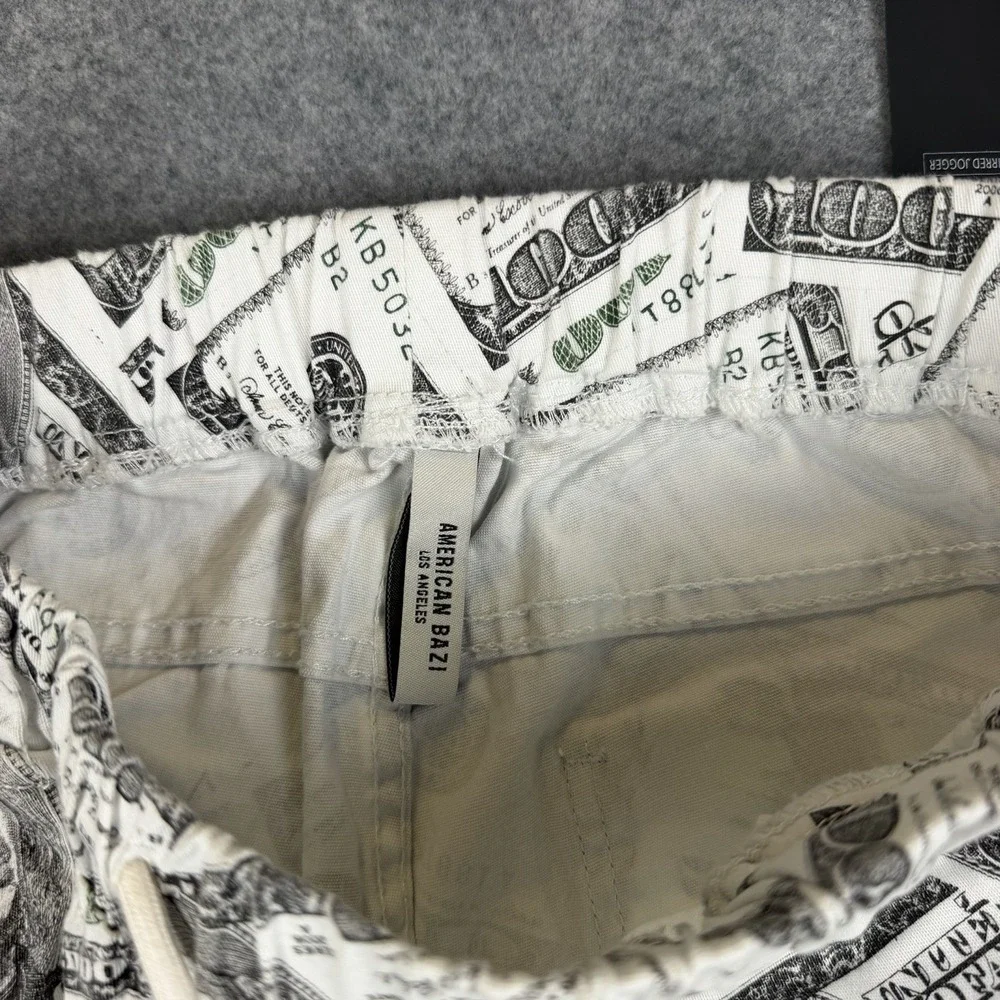 American Bazi Dollar Print Shirred Jogger Pants Mens Large L Stacked Money NWT